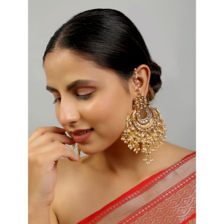 Handcrafted Crescent Kundan Pearl Chandbali Earrings